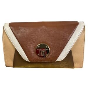Elliott Lucca‎ Leather Clutch Brown Beige Ivory Colorblock Turn Lock Handbag
